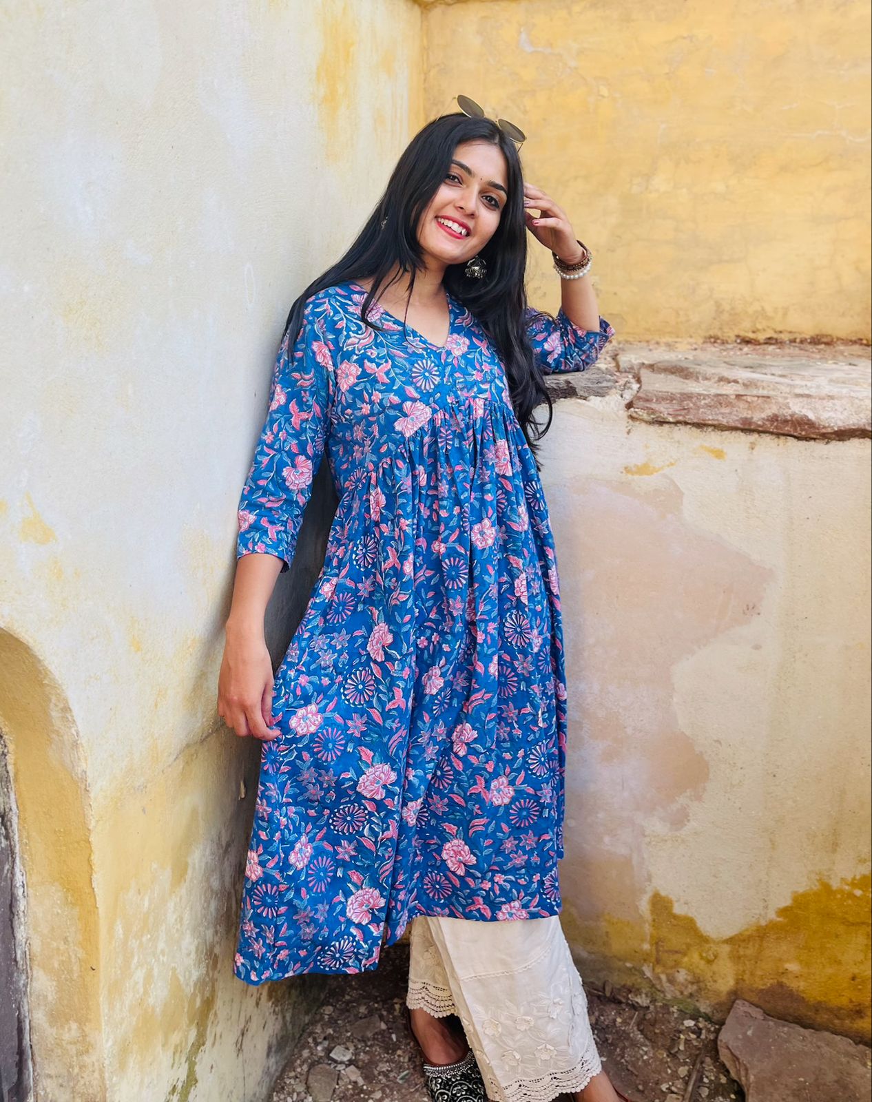 Women's Floral Printed Kurti Indigo Bloom long kurti by Vastravali
