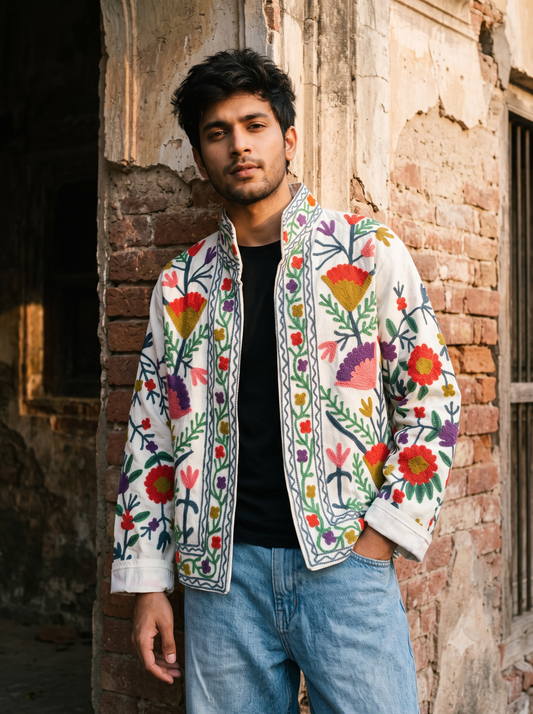 Jaz White Velvet Cotton Embroidered Unisex Jacket
