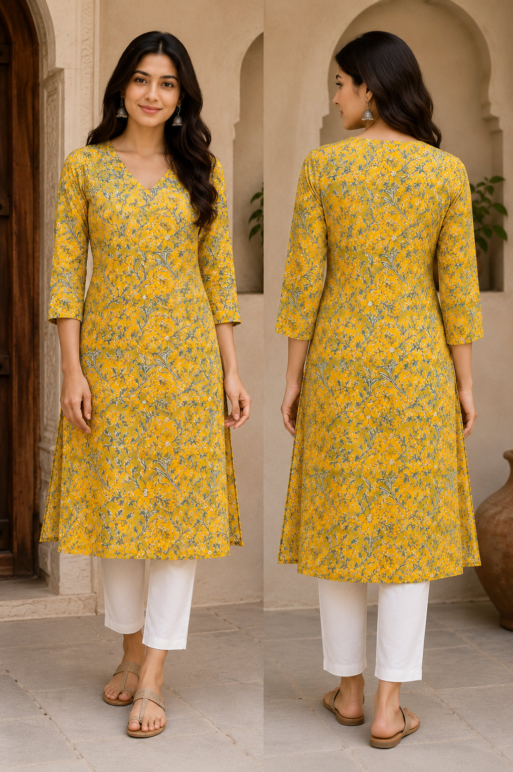 Naksh Yellow Long Kurti - 100% Cotton Hand Block Print