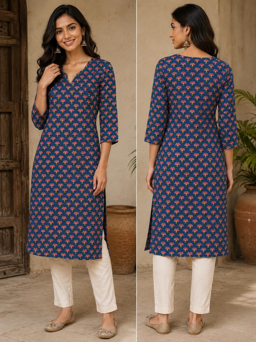 Lily Buti Long Kurti - 100% Cotton Hand-Block Print