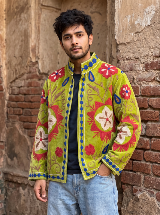 Green Velvet Embroidered Unisex Jacket | Limited Edition