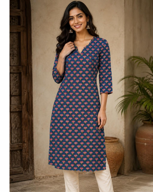 Lily Buti Long Kurti - 100% Cotton Hand-Block Print