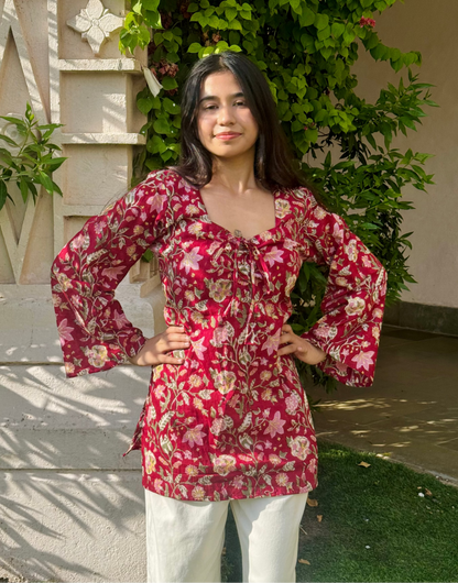 Fareen Sweetheart-Neck Corset Back Kurti (Hand Block Print)