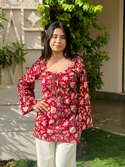 Fareen Sweetheart-Neck Corset Back Kurti (Hand Block Print)