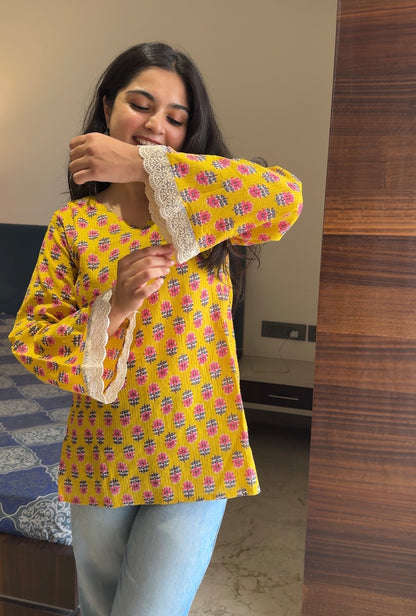 Dua Yellow Katha Cotton Kurti