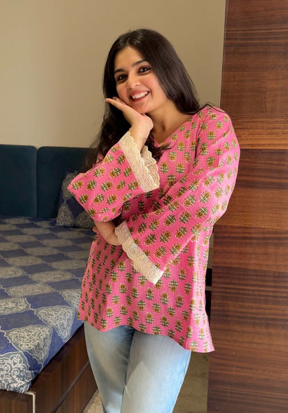 Baby Pink Katha Cotton Short Kurti