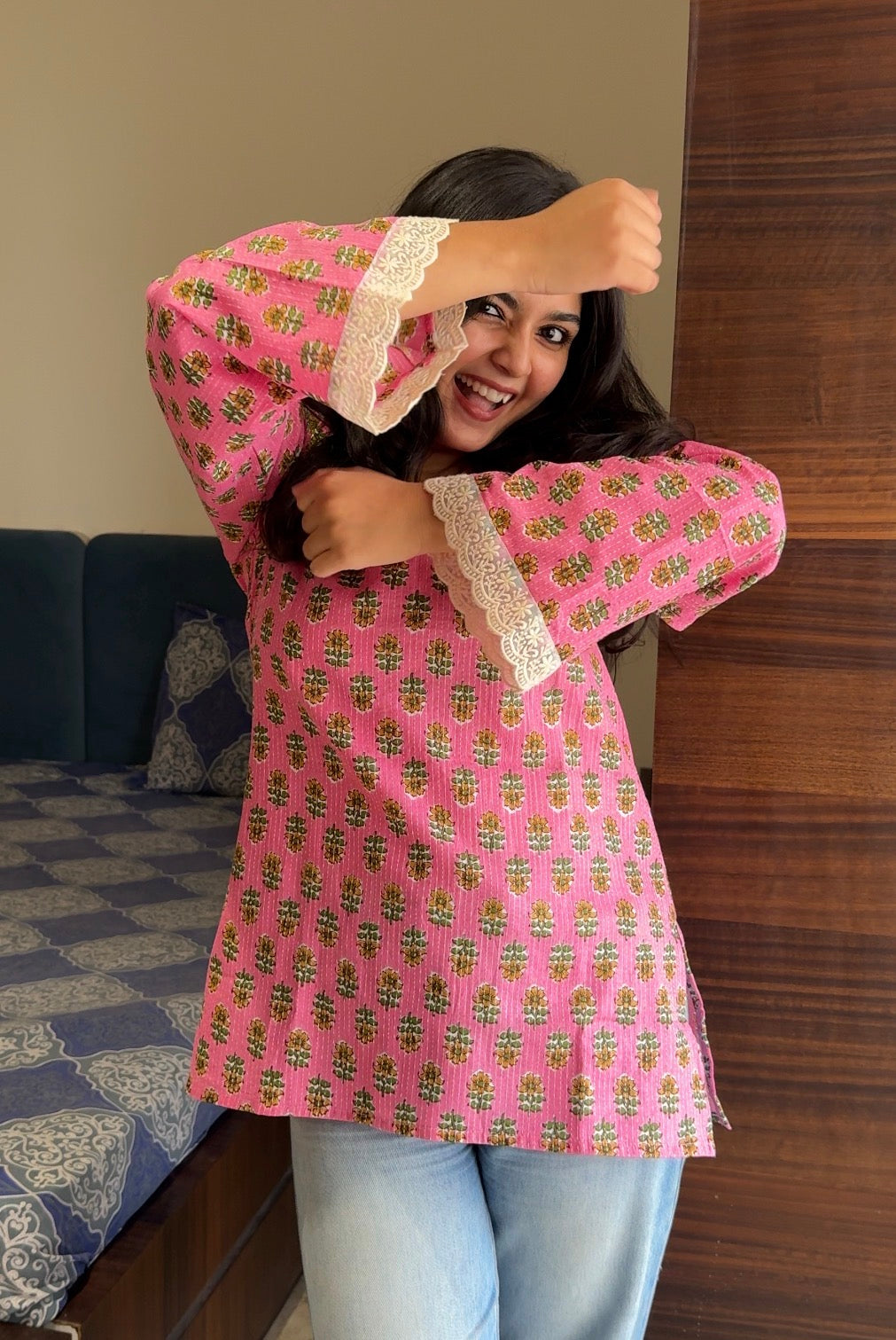 Baby Pink Katha Cotton Short Kurti