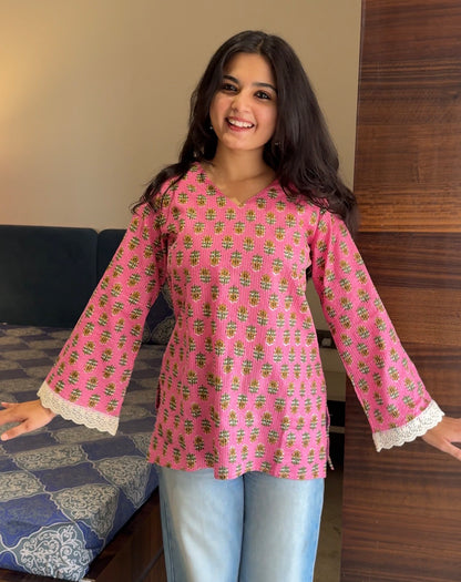 Baby Pink Katha Cotton Short Kurti
