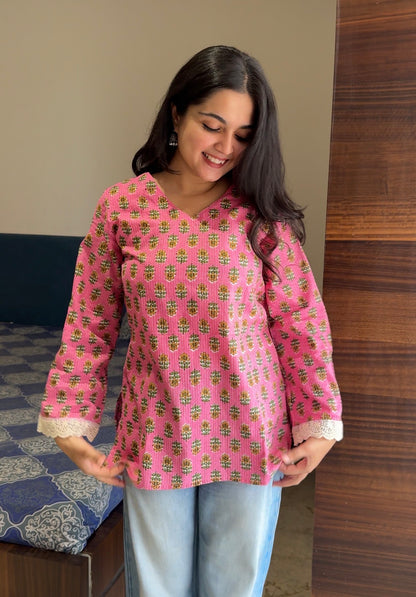 Baby Pink Katha Cotton Short Kurti