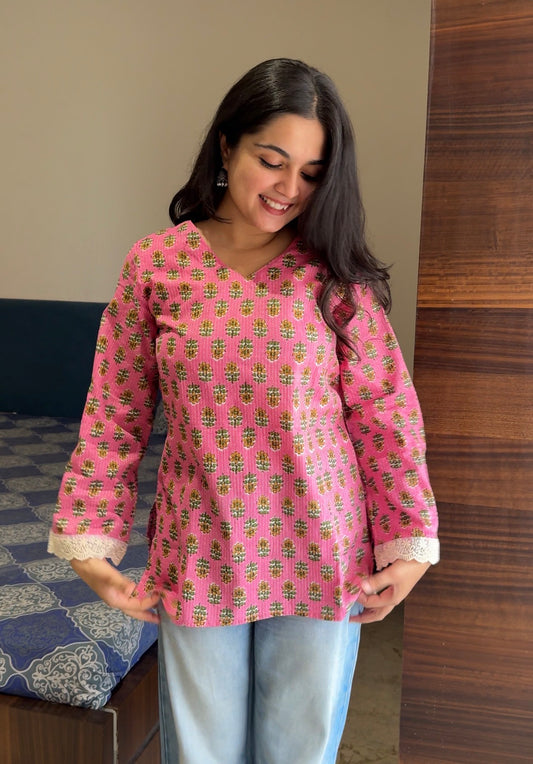 Baby Pink Katha Cotton Short Kurti