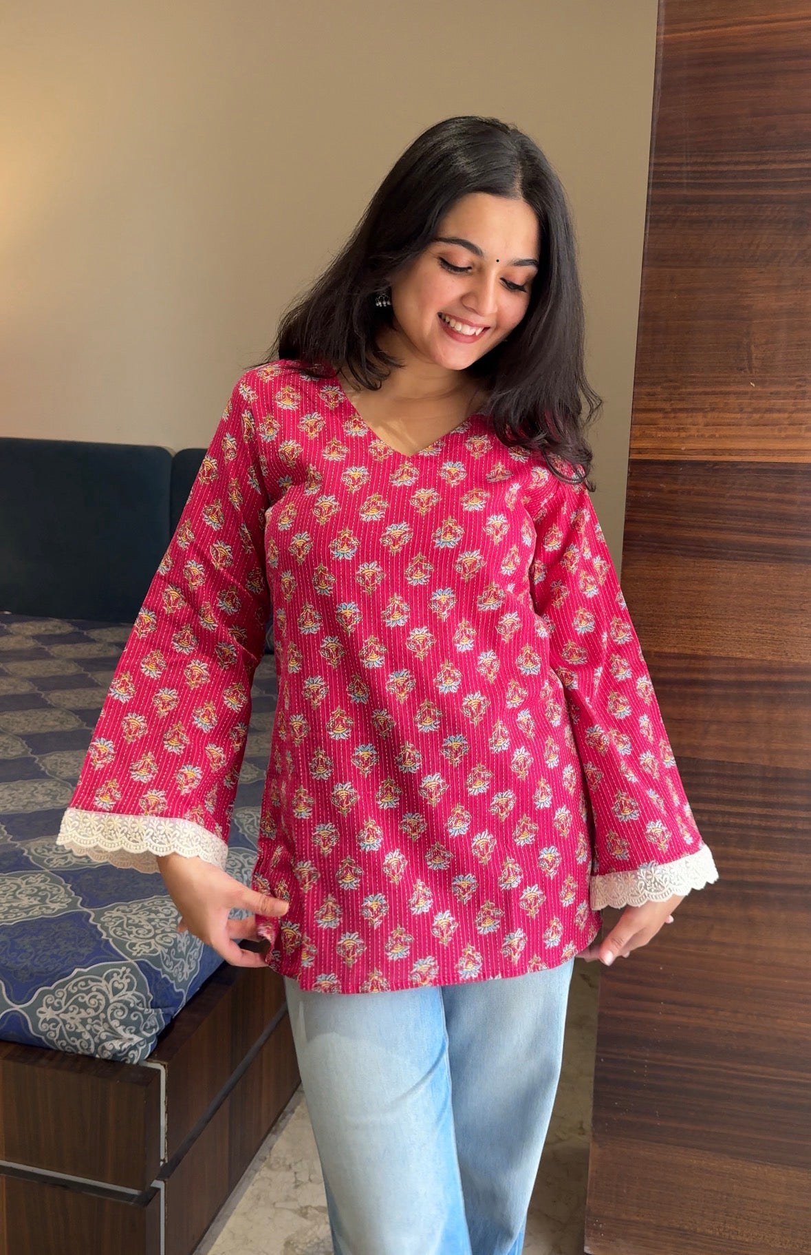 Shanaya Pink Katha Cotton Short Kurti- Bestseller