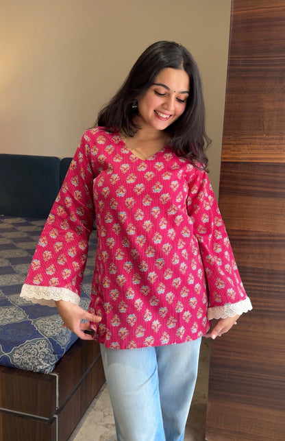 Shanaya Pink Katha Cotton Short Kurti- Bestseller