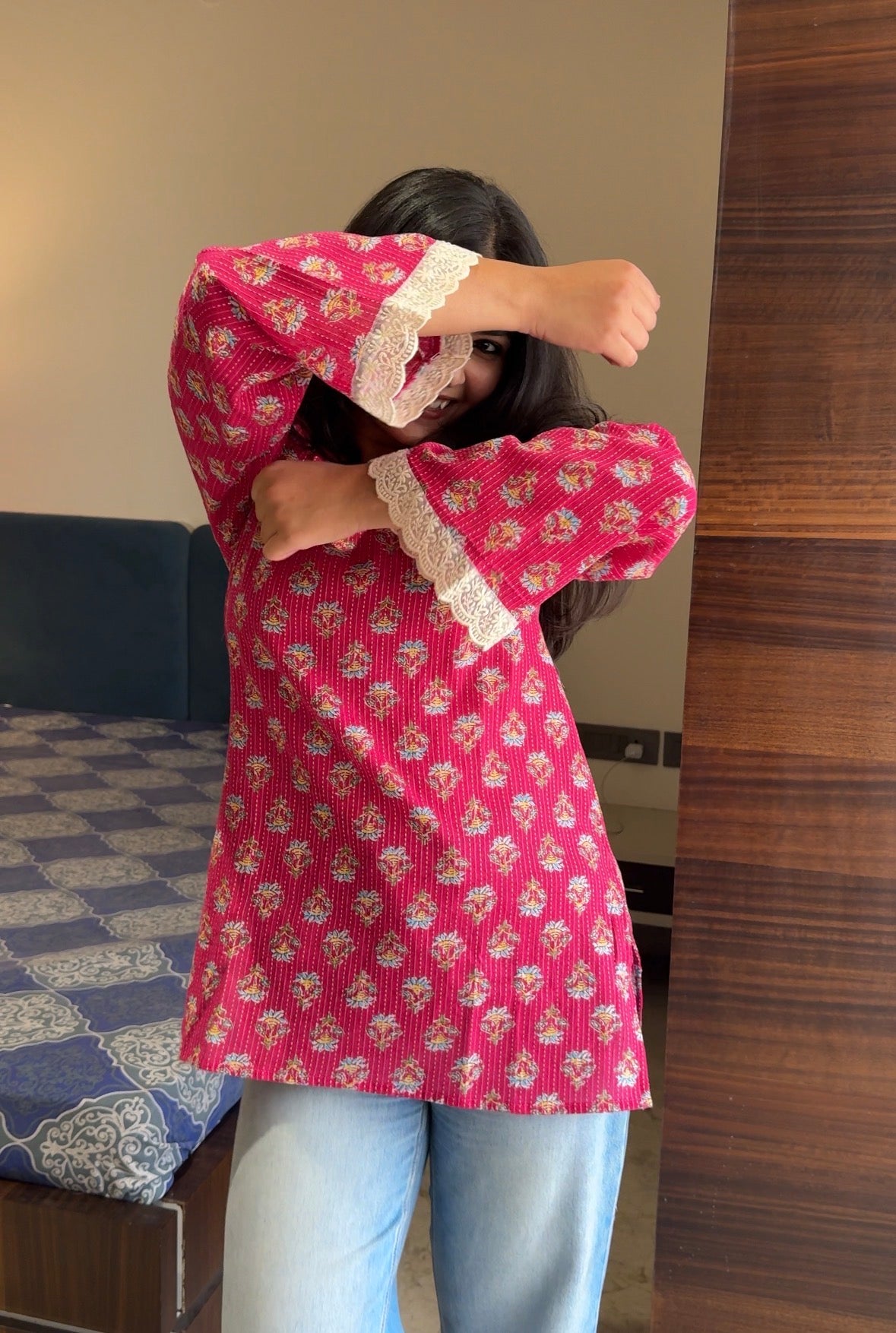 Shanaya Pink Katha Cotton Short Kurti- Bestseller