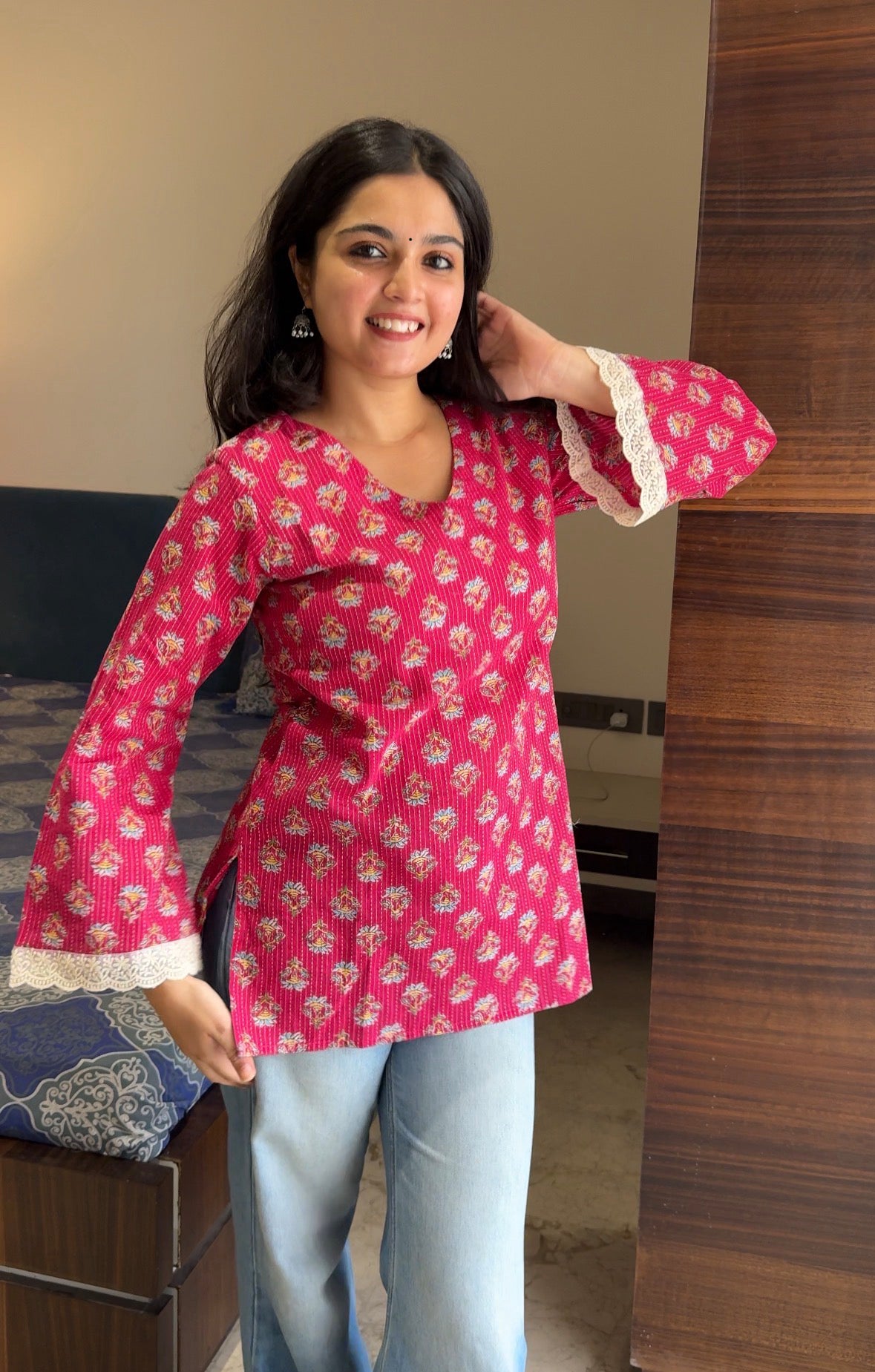 Shanaya Pink Katha Cotton Short Kurti- Bestseller