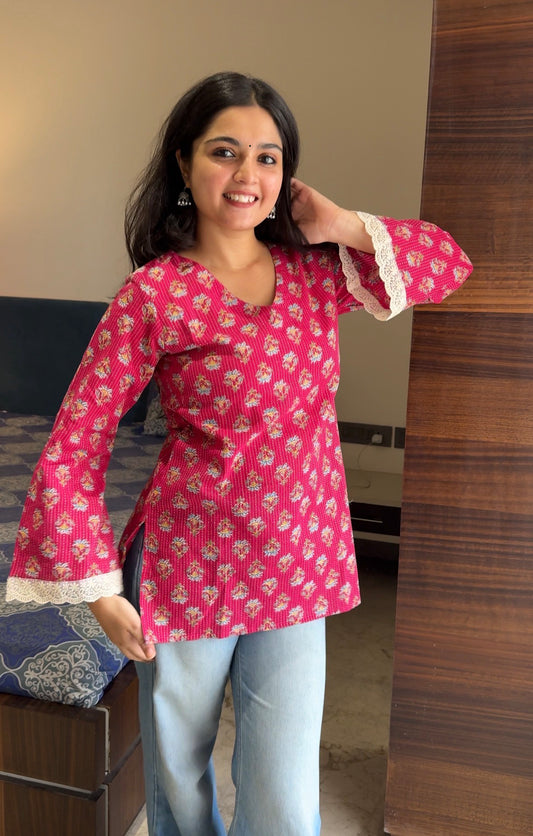 Shnaya Pink Katha Cotton Short Kurti- Bestseller