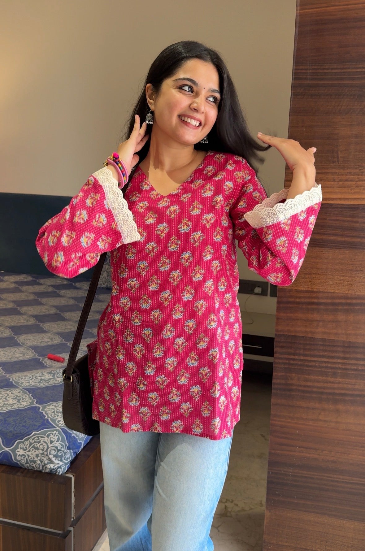 Shanaya Pink Katha Cotton Short Kurti- Bestseller