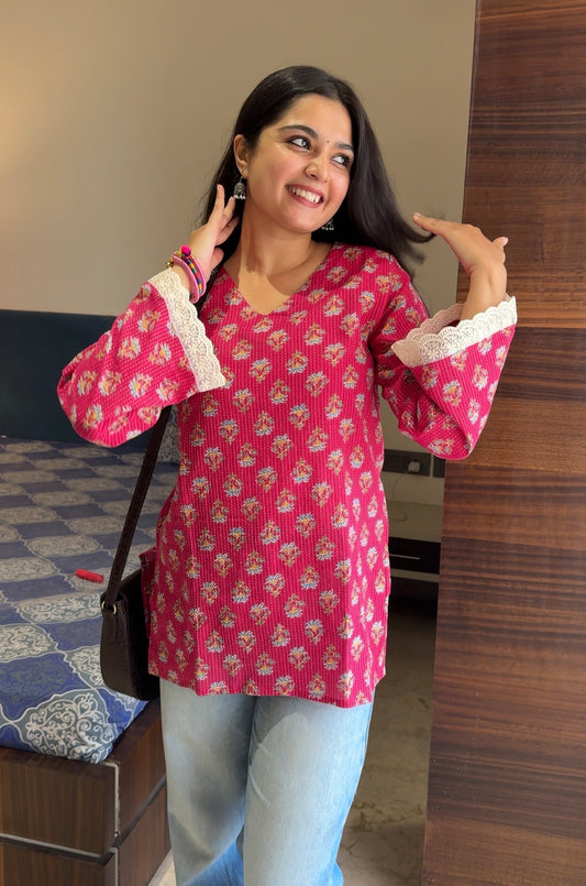 Shnaya Pink Katha Cotton Short Kurti- Bestseller