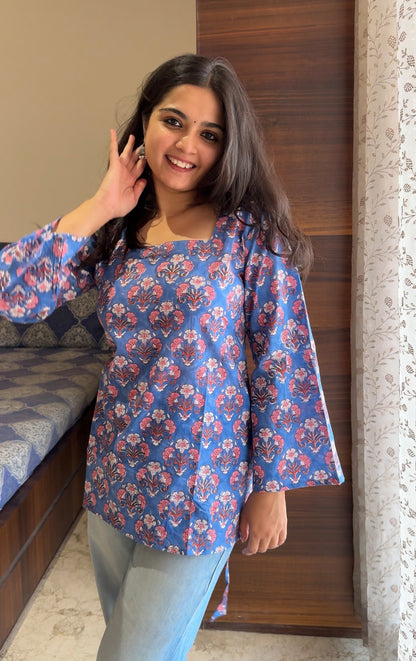 Aasmani Short Kurti - Hand Block Print