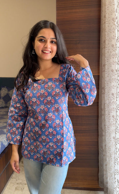 Aasmani Short Kurti - Hand Block Print