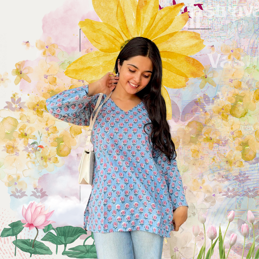 Aasmani Short Kurti - Hand Block Print