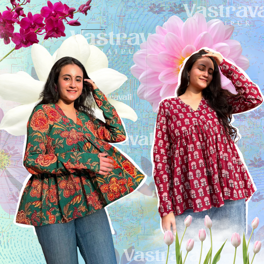 Two models wearing floral kurtis. One in red with a butti pattern and another in green with a jaal print.
