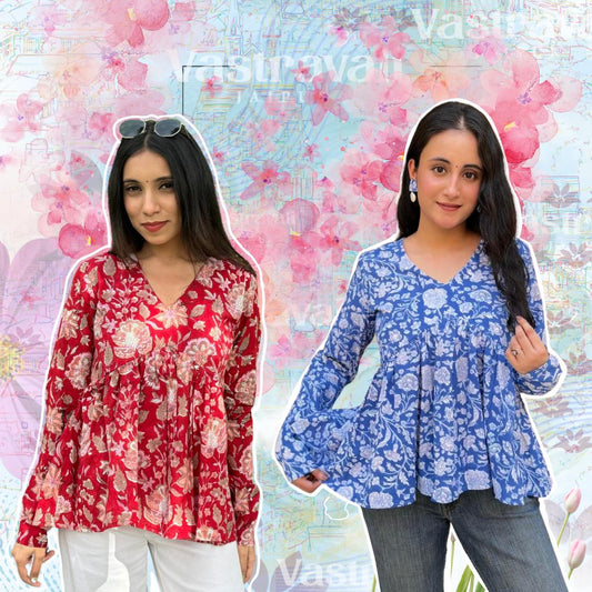 A woman wearing a blue floral cotton combo top