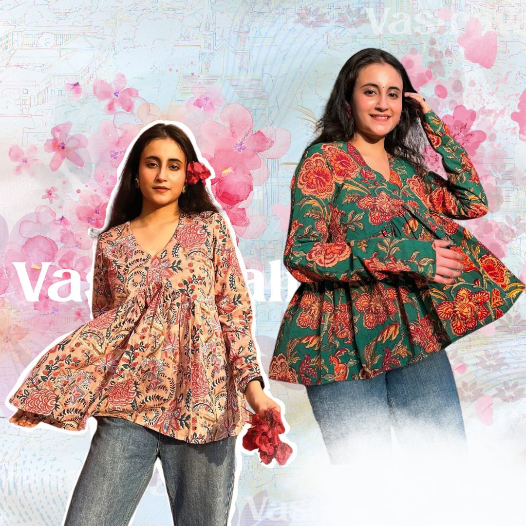 Two women modeling different traditional Indian tops with floral patterns, one in pink and one in green, against a background with floral motifs.