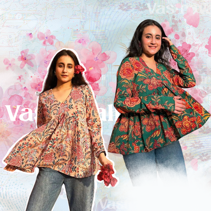 Two women modeling different traditional Indian tops with floral patterns, one in pink and one in green, against a background with floral motifs.