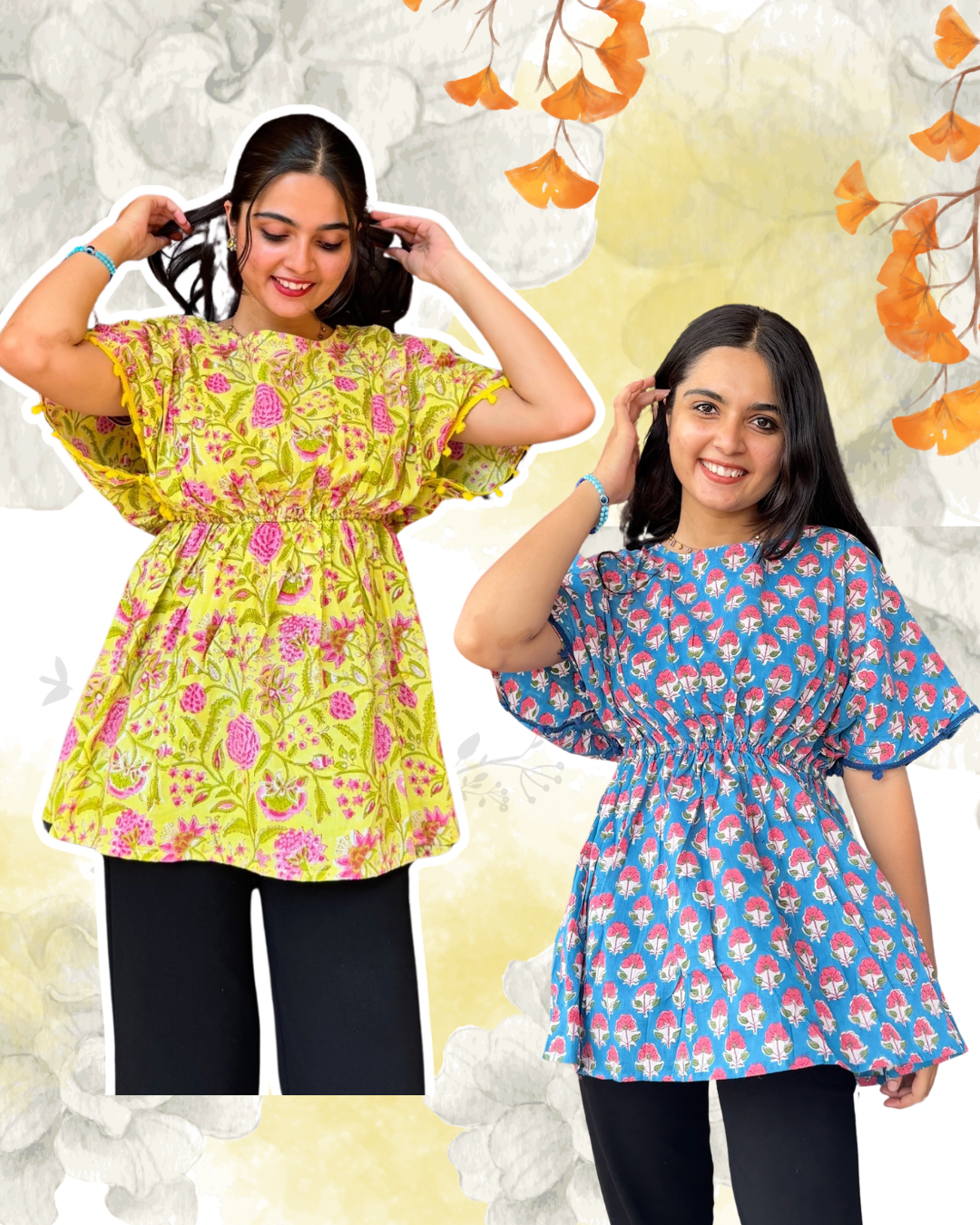 Two models wearing the 'Mehak - Combo of 2 Comfy Tops'. One top is yellow with a pink floral pattern and the other is blue with a white and darker floral pattern.