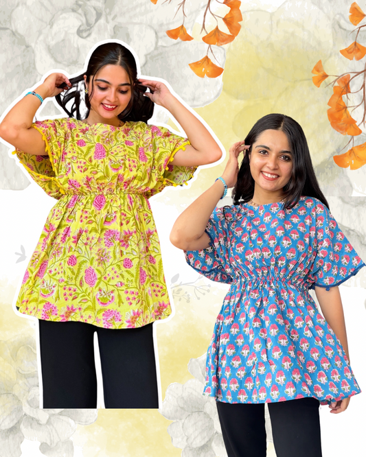 Two models wearing the 'Mehak - Combo of 2 Comfy Tops'. One top is yellow with a pink floral pattern and the other is blue with a white and darker floral pattern.
