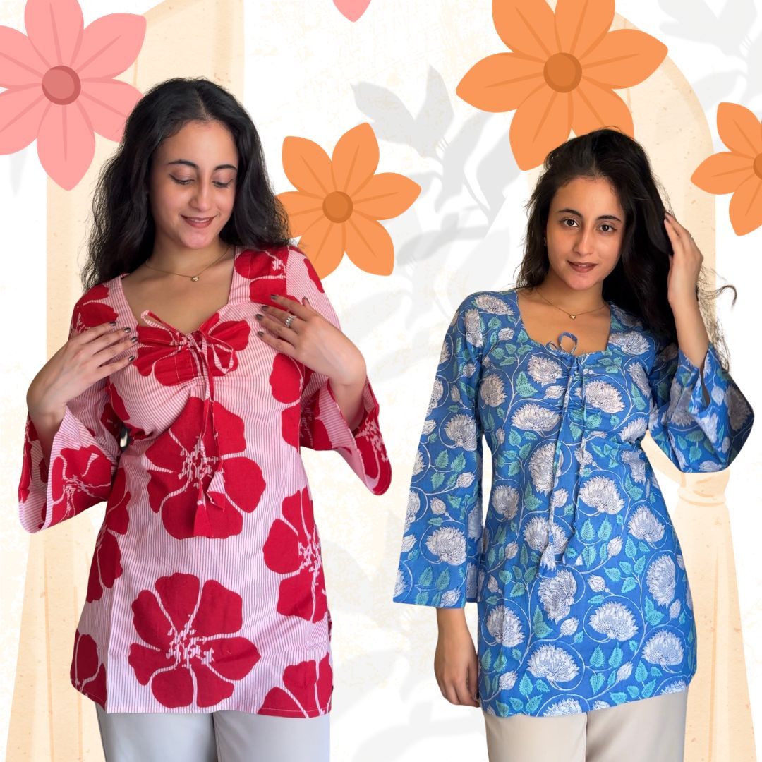 Two women wearing floral patterned tops with a colorful flower background.