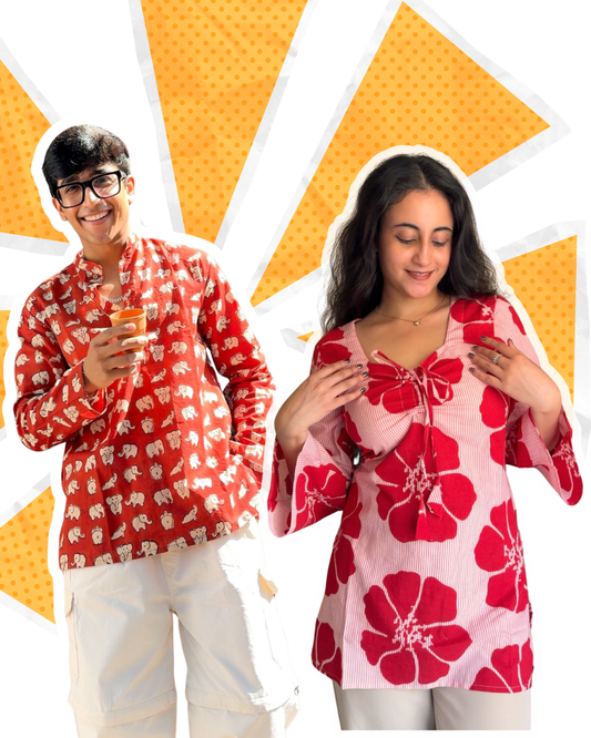 Two people wearing red and white floral patterned shirts on a yellow and white background