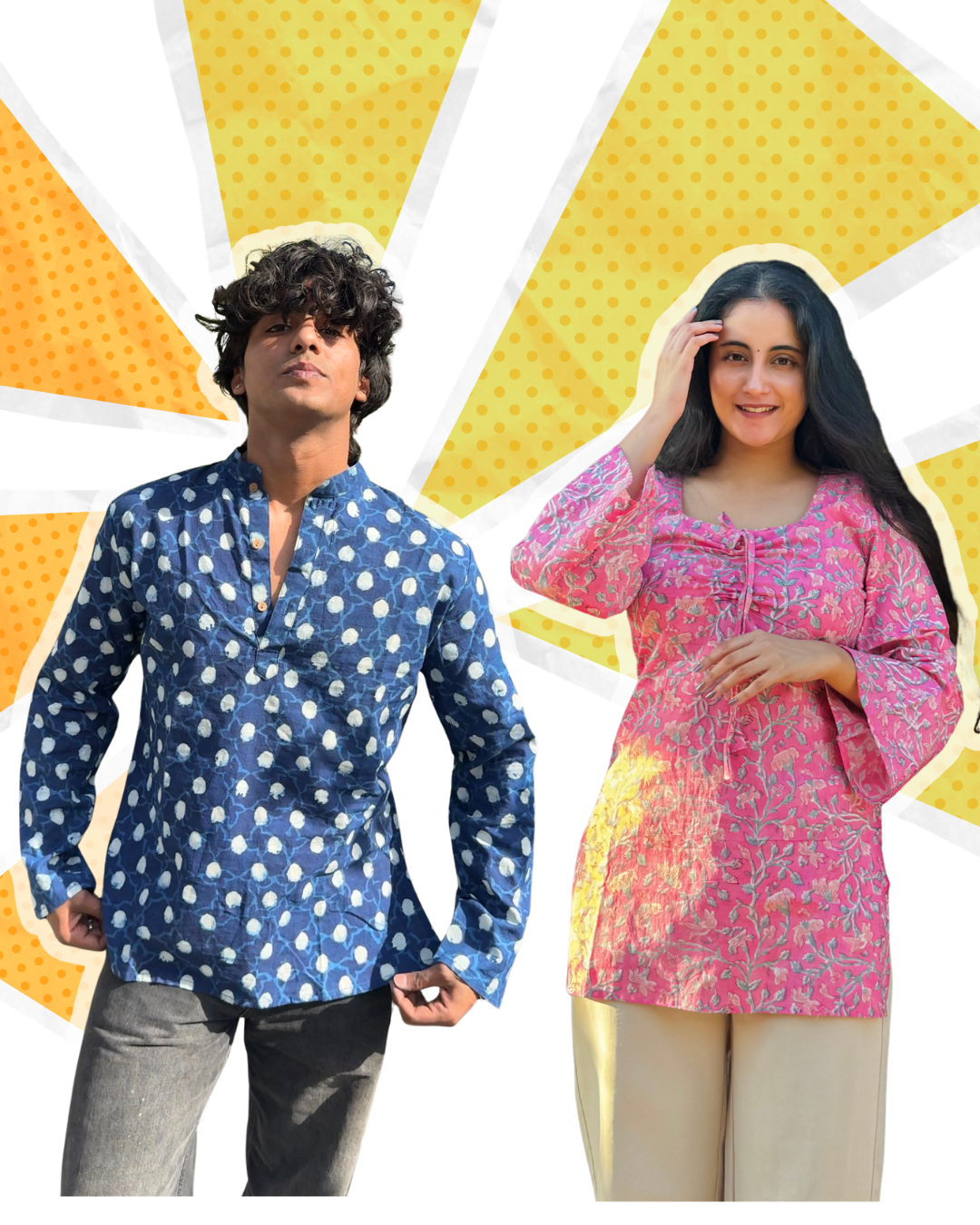 Two people wearing patterned shirts against a colorful geometric background