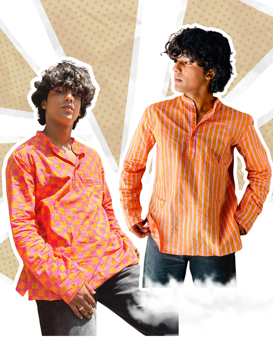 Two individuals wearing colorful shirts against a geometric patterned background