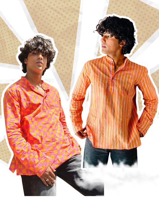 Two individuals wearing colorful shirts against a geometric patterned background
