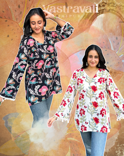 Two women wearing floral tops with a decorative background and 'Vastravali' branding.