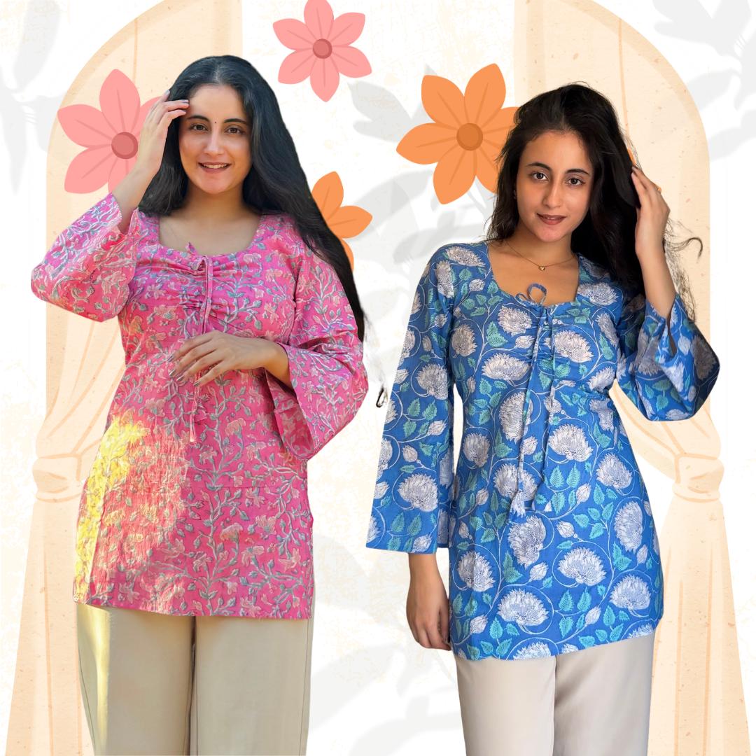 Two women wearing floral kurtis with a decorative floral background