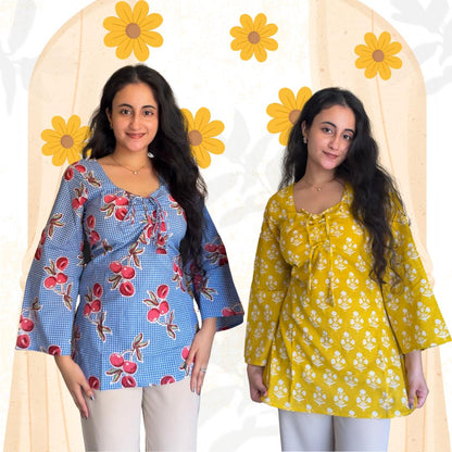 A woman wearing a blue floral cotton kurti