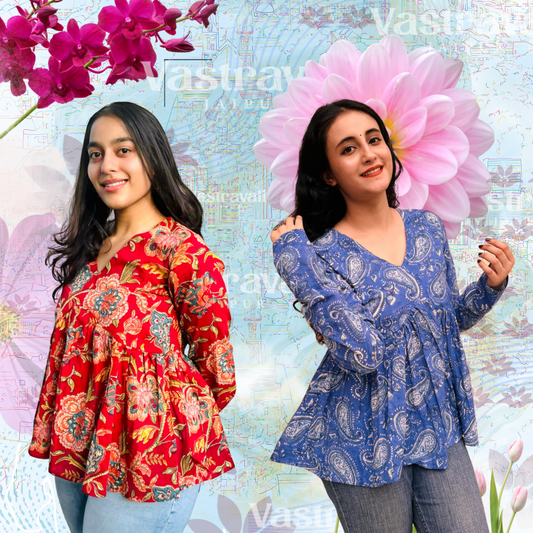 Two women modeling blouses, one in a red floral pattern and the other in a blue paisley pattern, with a decorative background featuring flowers.