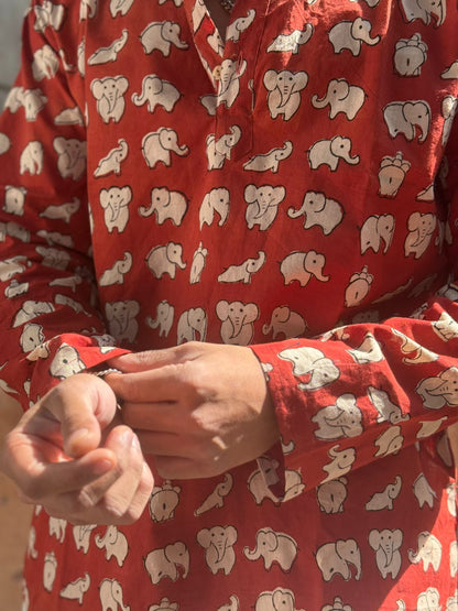 Red shirt with white elephant pattern worn by a person, showing close-up of hands.
