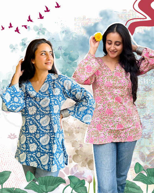 Two models wearing different colored kurtis ( Traditional Indian short dresses) with floral and geometric patterns respectively.