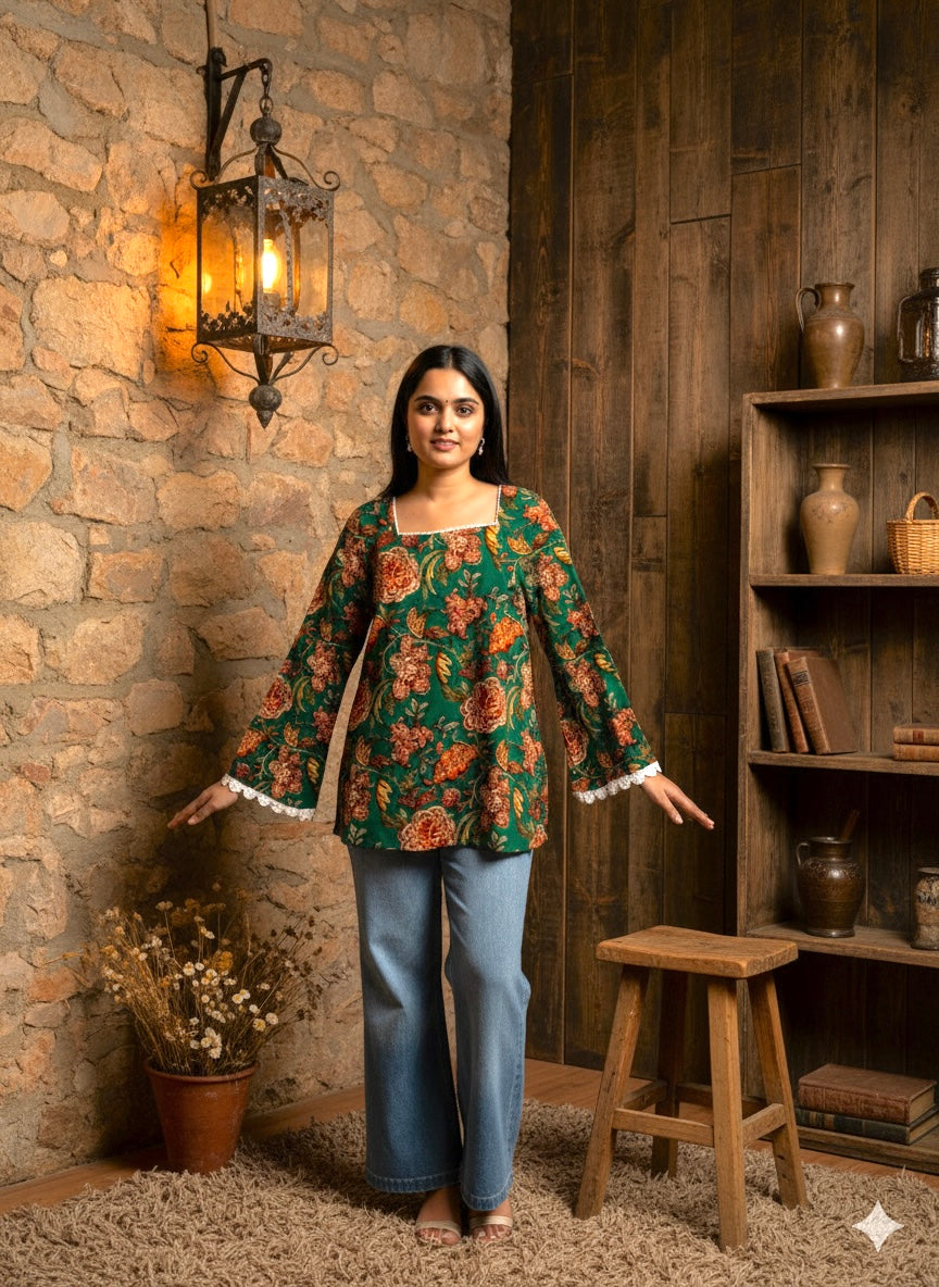 Woman wearing a floral top and blue jeans standing in a rustic room with stone wall and wooden shelves.