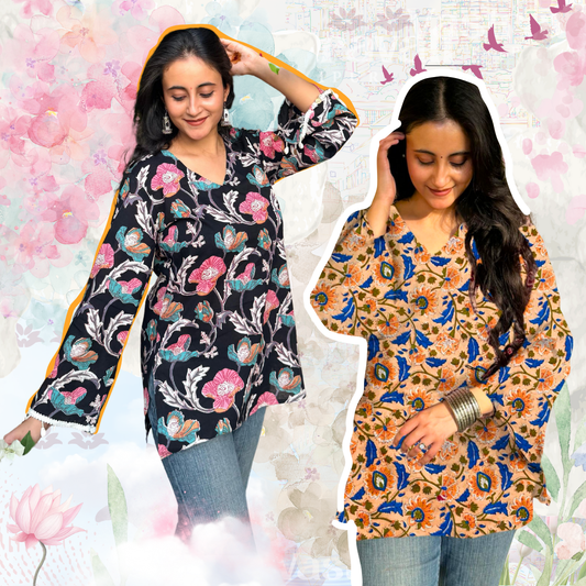 A collage of two traditional Indian kurti designs, one with a black base and floral prints, and the other with a brown base and geometric patterns, both featuring three-quarter sleeves and round necklines.