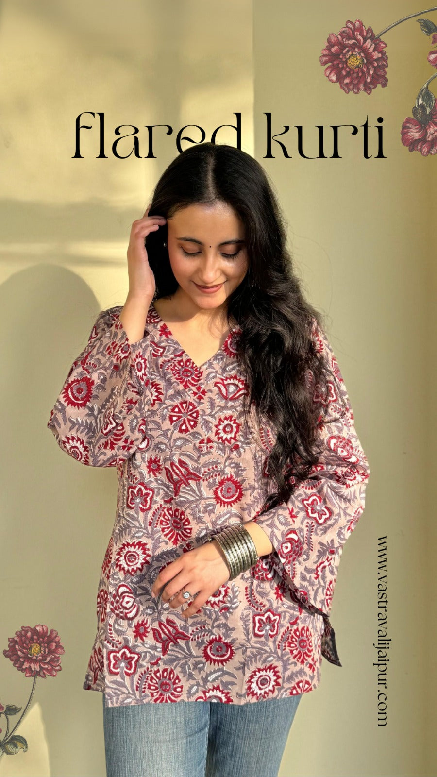 A woman wearing a blue floral cotton kurti