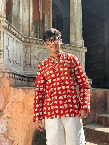Person wearing a red patterned shirt standing in front of an ornate building.
