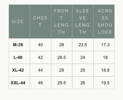 Size chart for clothing measurements with columns for size, chest, front length, sleeve length, and across shoulder.