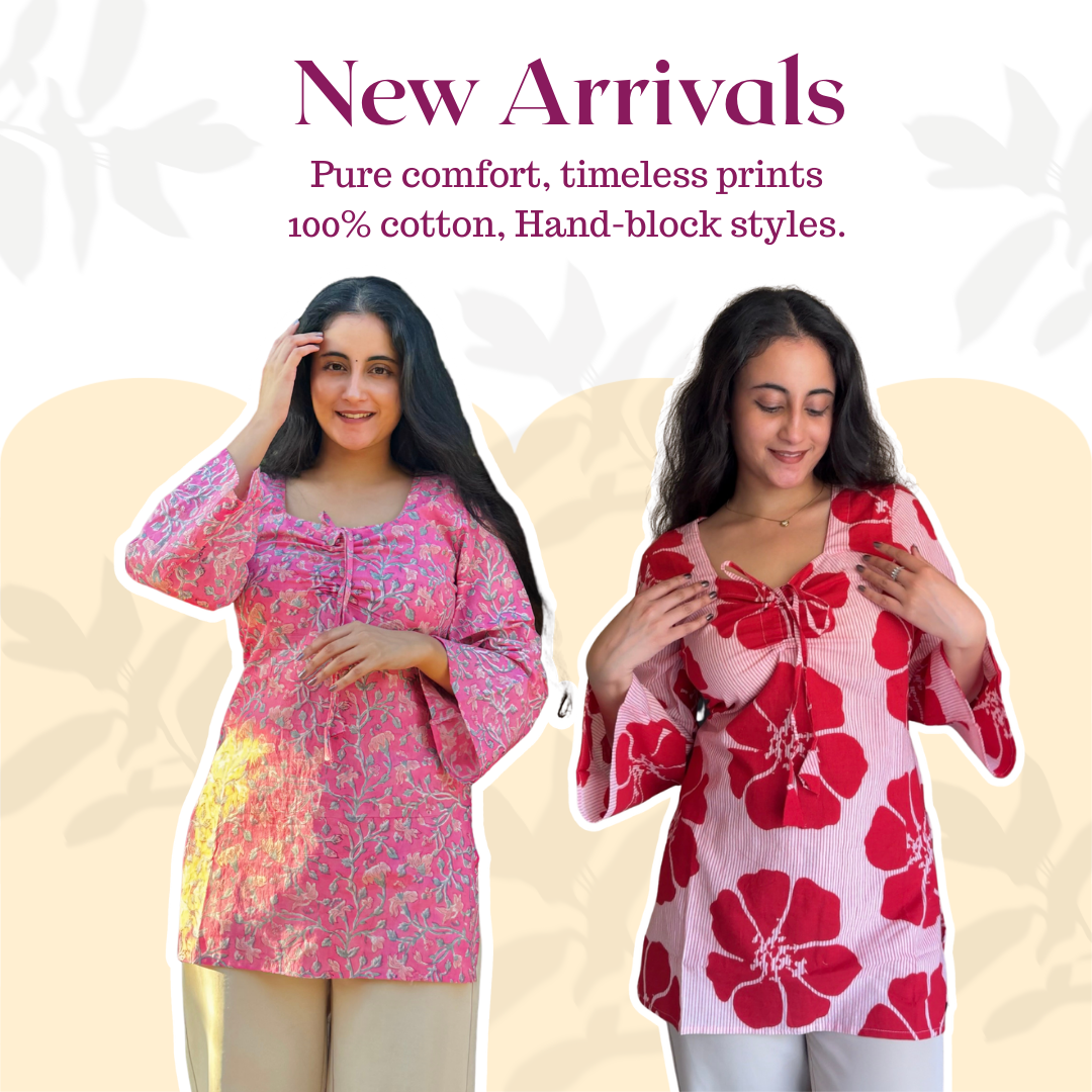 Two women wearing floral prints with text about new arrivals and fabric details.