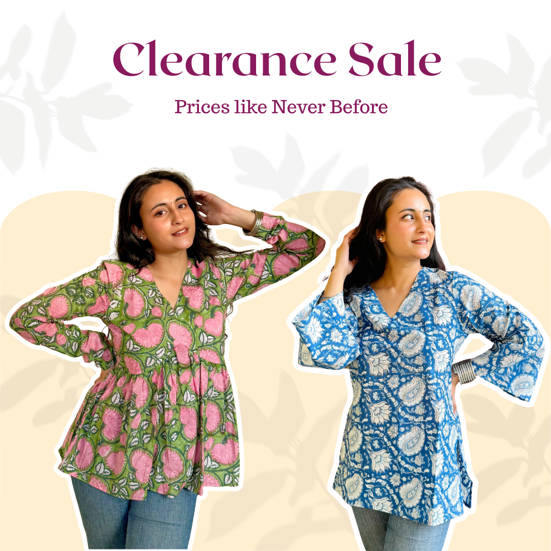 Two women wearing floral tops with a 'Clearance Sale' text overlay on a beige background.