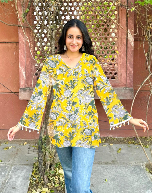 Sunflower Short Kurti - Hand Block Print