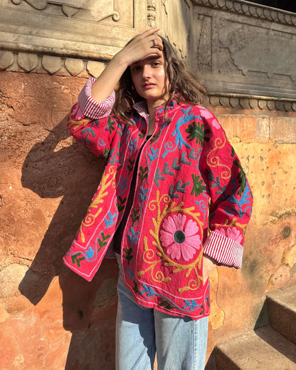 Sara Pink Cotton Embroidered Jacket | Limited Edition